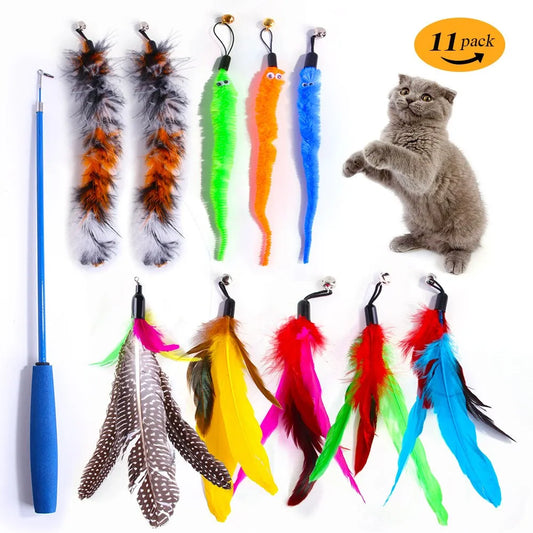 Cat Stick With 11pcs Replacement Cat Toy Feathers.